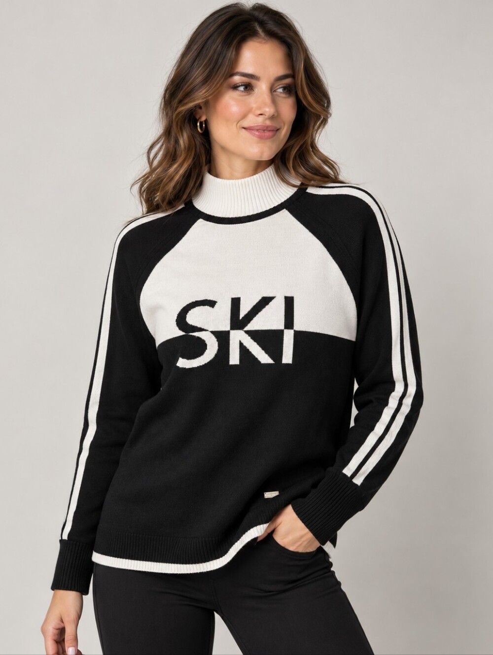 NILS Black White Colorblock Logo Mock Neck Knit Sweater Pullover M